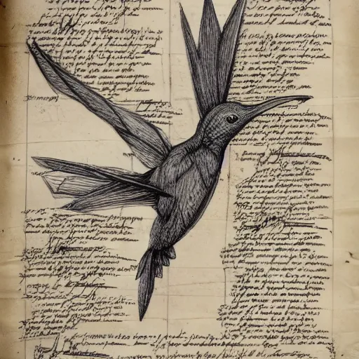 Image similar to full page scan of 1400s detailed hummingbird concept art, architectural section, plan drawing, page, paper, parchment, papyrus, fantasy, horror, occult, diagram, informative texts, graphs, notes, scribbles, human thigh anatomy anatomical, blur