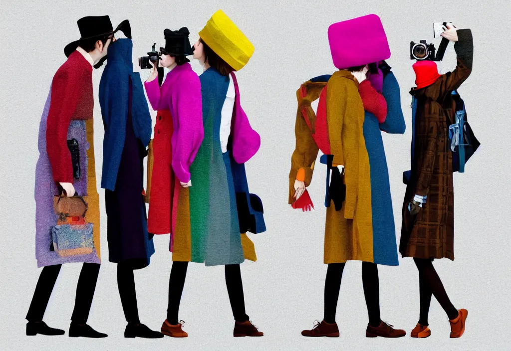 Image similar to full body portrait of a trio of young fashionable european tourists long pattern coat travel apparel, with nikon cameras, sightseeing various poses shooting photos, character designs painting, in the style of wes anderson, rene magritte, lola dupre, david hockney, isolated on white background, dark monochrome neon spraypaint accents volumetric octane render