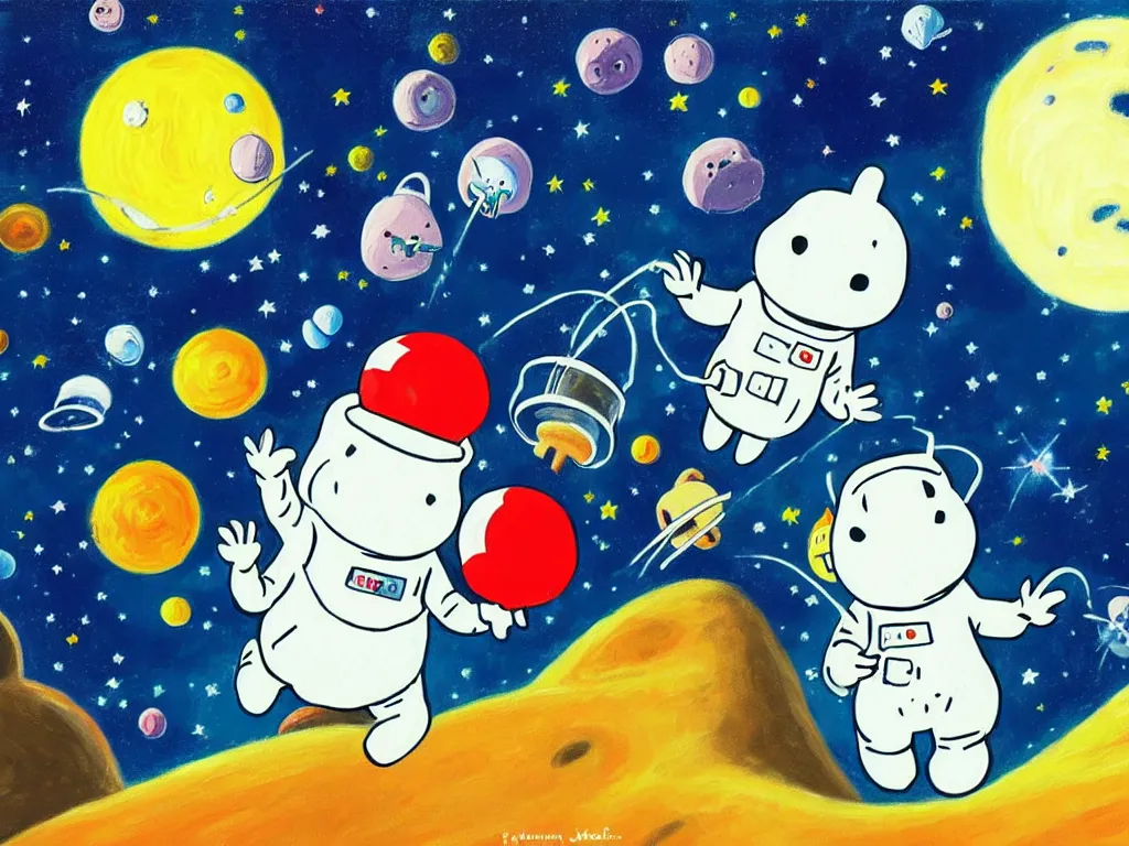 Prompt: moomins in space suits flying around with jetpacks discovering the mushroom planet, photorealistic painting