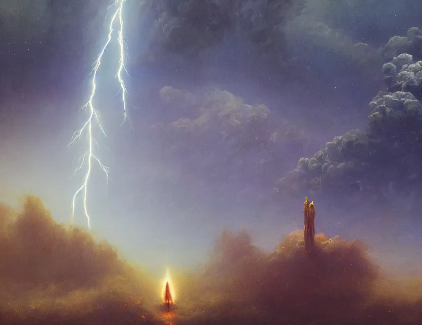 Prompt: a space laces kind of poster of a giant lightning across all of the frame. cinematic sci - fi scene and science fiction theme with lightning, aurora lighting. clouds and stars. smoke. futurism. fantasy. by beksinski carl spitzweg and tuomas korpi. baroque elements. oil painting. dramatic. artstation. 8 k