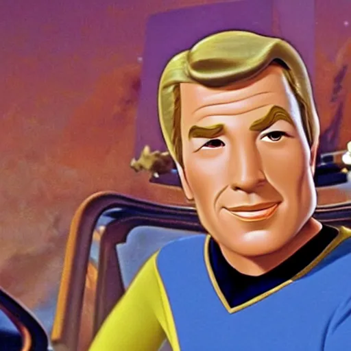 Prompt: captain kirk from star trek in a still from a disney movie, from disney's tangled. beautiful character art, high quality, detailed face