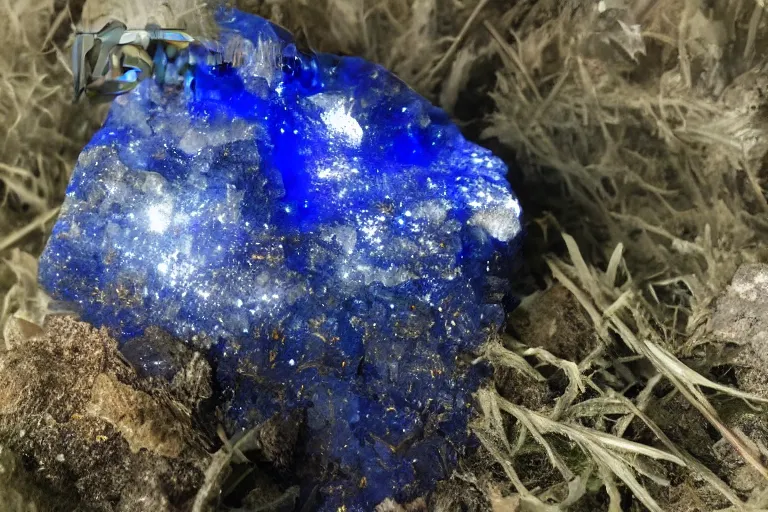 Prompt: huge glowing lazuli mystical crystal inside a dark foggy forest, surrounded by a few other glowing crystals