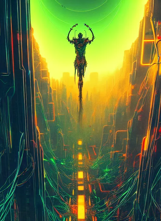 Image similar to poster of dr doom from inside wires futuristic city, beautiful neon drones, cinematic, highly detailed, photorealistic, rich bright colors, trending on artstation, giger, tsutomu nihei, trending on cgsociety, awe inspiring bruce pennington cityscape, digital art painting of 1 9 6 0 s