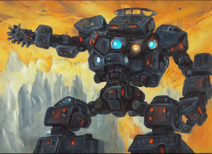 Prompt: A giant mecha robot in a cave, oil on canvas