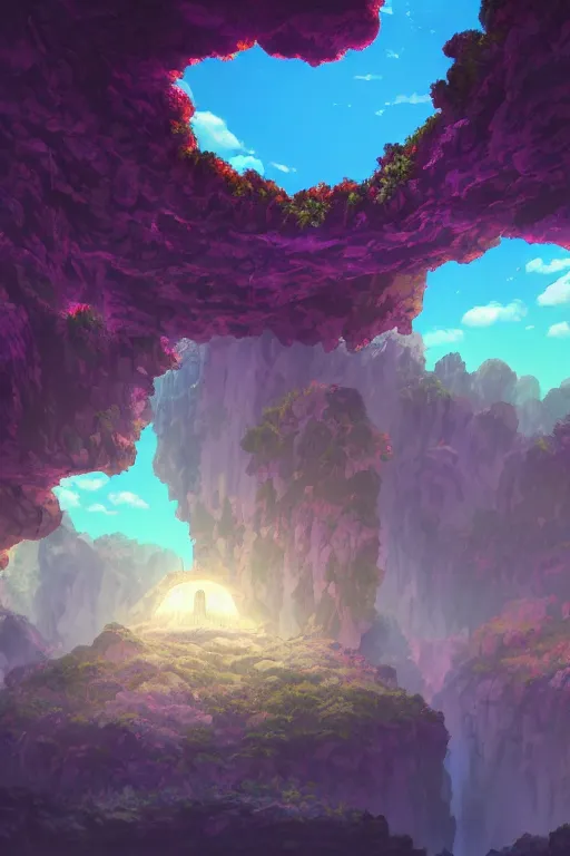 Prompt: forgotten realms shadow fell cave city inception reflected on ceiling 4 k digital paint by studio ghibli hayao miyazaki. vivid colours, vaporwave lighting style, very sharp and detailed. trending on artstation and behance.
