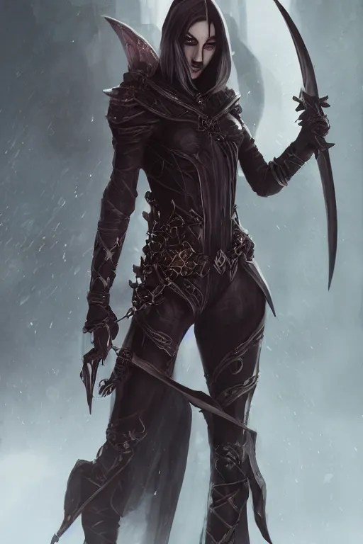 Prompt: Portrait of a female Elf Rogue named \'Mistress of Death\', high fantasy, epic, black leather armor, dagger, smoke, by artstation, trending, artstationHD, artstationHQ, cgsociety, octane, ultra HD, 8k