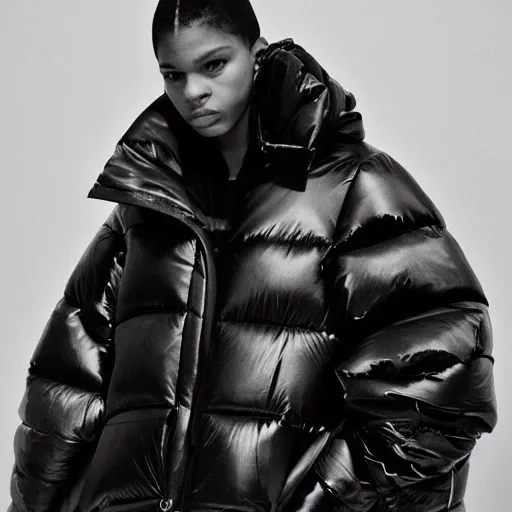 Image similar to realistic photoshooting for a new balenciaga lookbook, color film photography, portrait of a beautiful woman, woman is wearing a puffer jacket, in style of Tyler Mitchell, 35mm,