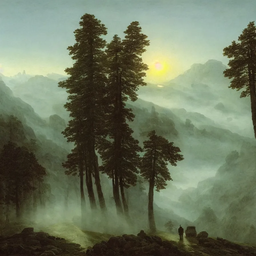 Prompt: highway road above the clouds, sharp rocky mountains, giant trees in the sky, colors, misty clouds, sun at dawn, brutalism, painting by caspar david friedrich