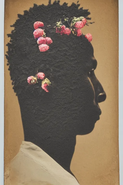 Prompt: a black young man's face in profile, made of flowers and fruit, in the style of the Dutch masters and Alec Soth, dark and moody