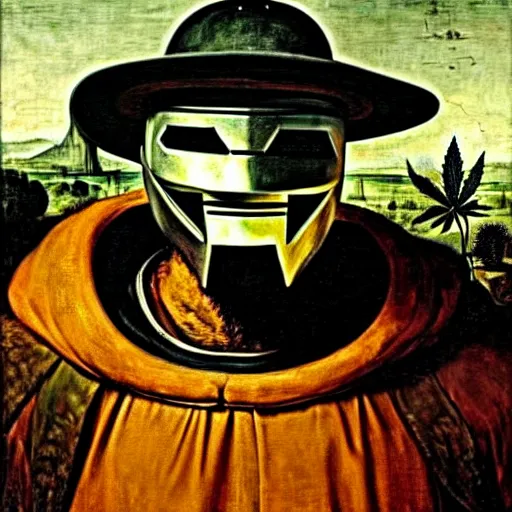 Prompt: high quality celebrity painting of rap artist mf doom by the old dutch masters, marijuana leaves in background, rembrandt, hieronymous bosch, frans hals