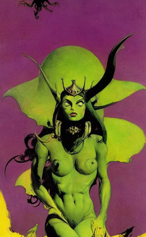 Prompt: princess of zothique, by frank frazetta, alien landscape, vibrant colors, yellow purple green, minimalist