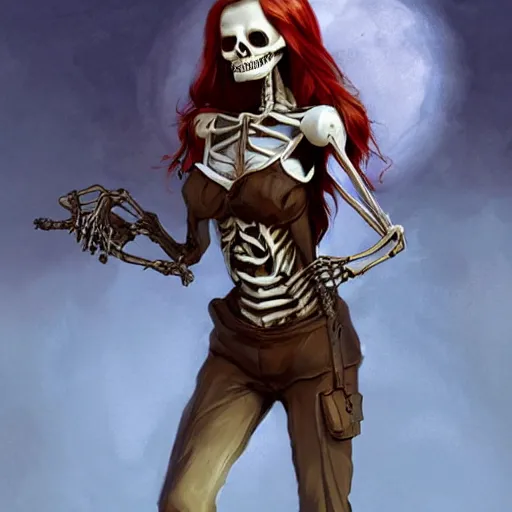 Prompt: cute & beautiful smug smiling undead skeleton girl with very attractive face and red hair dressed as a soviet mitary officer, elegant, digital art, fullbody painting, fantasy, pixar style, painting, pin up, highly detailed, artstation, art by artgerm, vrubel, greg rutkowski, ilya kuvshinov, raymond swanland