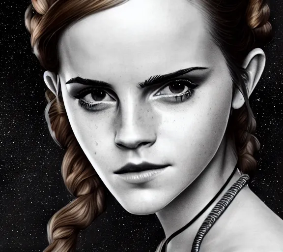 Image similar to photography of a sensual emma watson dressed like princess leia slave girl outfit star wars, deep focus, intricate, elegant, highly detailed, digital painting, artstation, concept art, matte, sharp focus, illustration