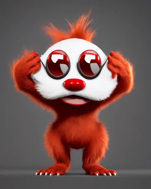 Prompt: 3 d render of completely red hairy friendly antropomorphic cartoony creature wearing chrome shades, without nose, full body, simple, cute, white background, unreal engine 5, octane render, highly detailed hdr