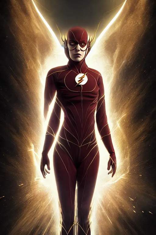 Image similar to Majestic and regal portrait of a female The Flash, DC universe, Perfect face, beautiful, intricate, epic, elegant, menacing, fantasy, highly detailed, digital painting, hard focus, beautiful volumetric lighting, epic light, ultra detailed, by Leesha Hannigan, Ross Tran, Thierry Doizon, Kai Carpenter, Ignacio Fernández Ríos