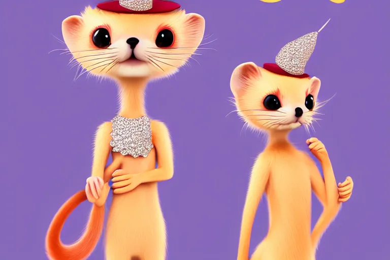 Prompt: detailed flat 2 d : female ferret character : wearing diamonds : wearing a sequins dress : wearing feathers hat : head torso legs feet : lorax movie : artstation