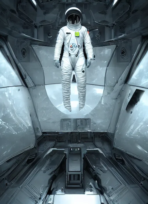 Image similar to symmetry concept art by craig mullins astronaut in futuristic dark and empty spaceship underwater. infrared glowing lights. complex and hyperdetailed technical suit. reflection and dispersion materials. rays and dispersion of light. volumetric light. 5 0 mm, f / 3 2. noise film photo. flash photography. unreal engine 4, octane render. interstellar movie art