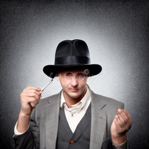 Prompt: old fashioned detective in hat on dark background stock photo shatterstock