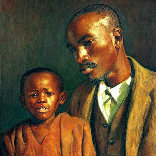 Prompt: a painting of a elegant, well fed, smooth-chinned, long nose, elder with few eyebrows and his son from Kenya by Henry Ossawa Tanner . thinker without facial hair, thoughtful, focused, visionary, calm, jovial, loving, fatherly, generous, . dramatic angle, ethereal lights, details, smooth, sharp focus, illustration, realistic, cinematic, artstation, award winning, rgb , unreal engine, octane render, cinematic light, macro, depth of field, blur, red light and clouds from the back, highly detailed epic cinematic concept art CG render made in Maya, Blender and Photoshop, octane render, excellent composition, dynamic dramatic cinematic lighting, aesthetic, very inspirational, arthouse.