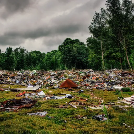 Prompt: a grassy field filled with heaps of discarded and moldy furniture, overcast sky, forest in background, photorealistic, 4k, photo