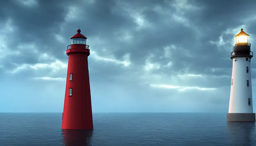 Image similar to a water spout approaches a lighthouse out at sea, digital art, highly detailed, realistic, bright colors, 8 k