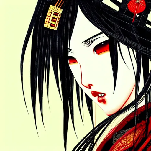 Image similar to beautiful seductive female samurai, in the rain, highly detailed, painting, dark red and black color palette, intricate, high quality, anime artstyle, in the style of sana takeda