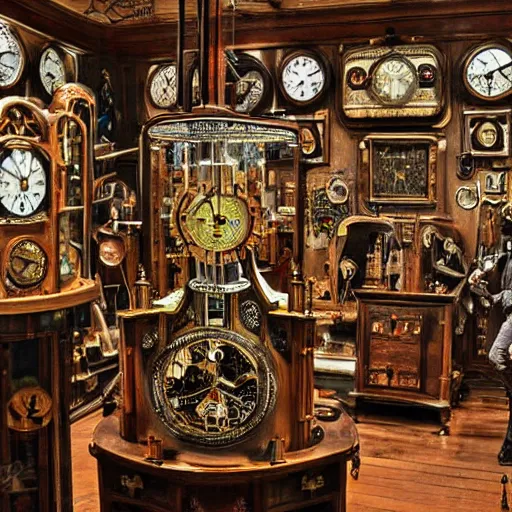 Image similar to interior of a steampunk clock shop, father time, wooden grandfather clocks everywhere, realistic, very intricate hyper detailed masterpiece by max ernst