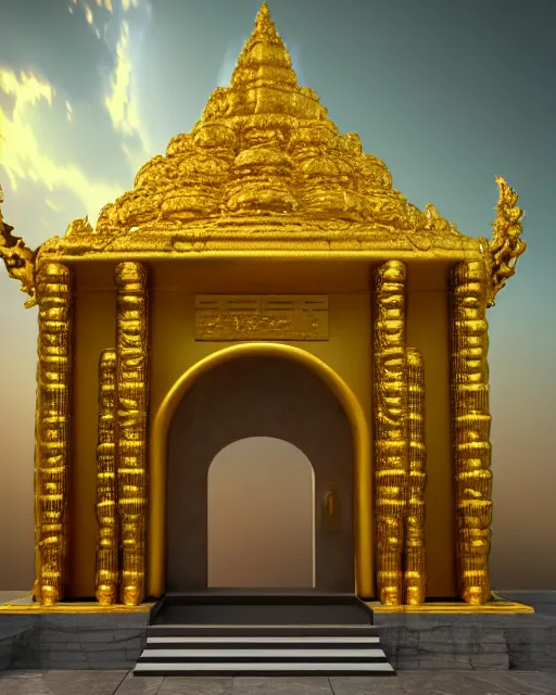 Image similar to scientifically realistic render scifi golden entrance to royal ancient temple carved out of marble skeleton and blue gems rendered in octane