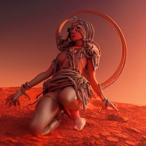 Image similar to goddess inanna on mars with cables for hair, extremely detailed painting, in the style Fenghua Zhong, mystical colors, sunset lighting, 8k, stunning scene, raytracing, octane, trending on artstation