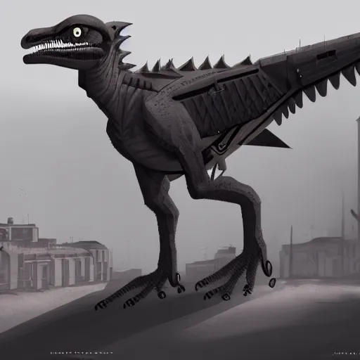 Image similar to a detailed matte painting of a cyborg nazi velociraptor in nazi occupied france, 8 k, artstation, art in a noir crime novel style