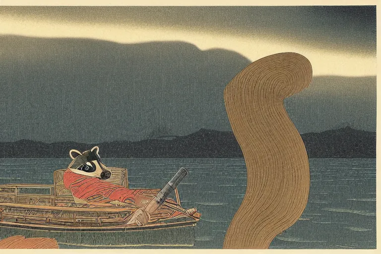 Prompt: raccoon floats on a boat in a storm, Hasui Kawase, dramatic,