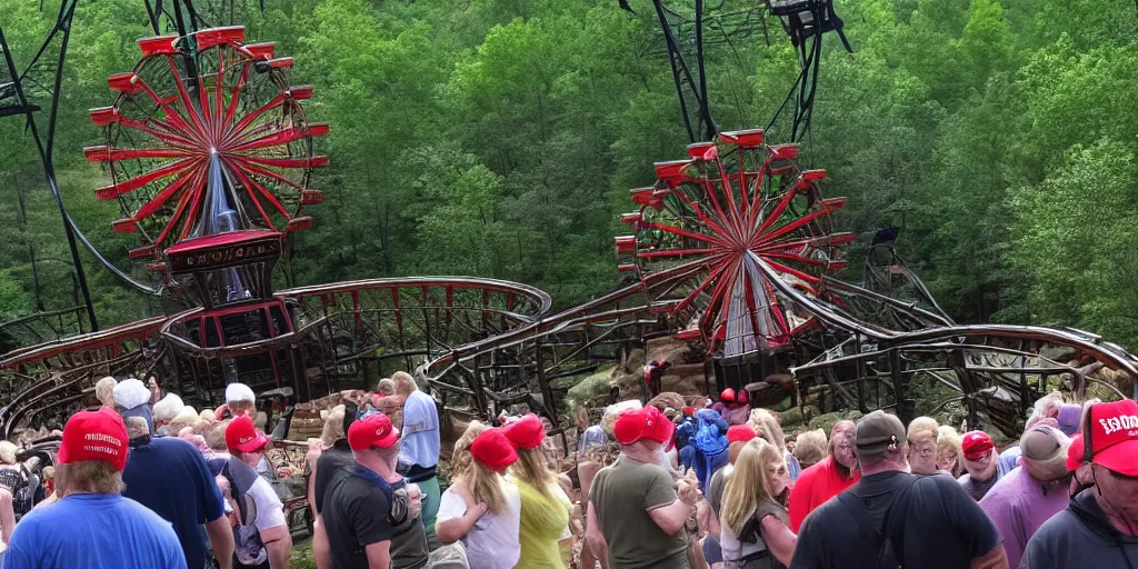 Prompt: Donald trump falls off of a trolly and cries, caught in 4K, taken in Silver Dollar City