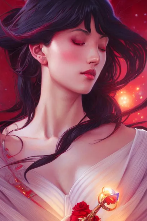 Image similar to Sailor Mars, fantasy, intricate, elegant, highly detailed, digital painting, artstation, concept art, matte, sharp focus, illustration, art by Artgerm and Greg Rutkowski and Alphonse Mucha