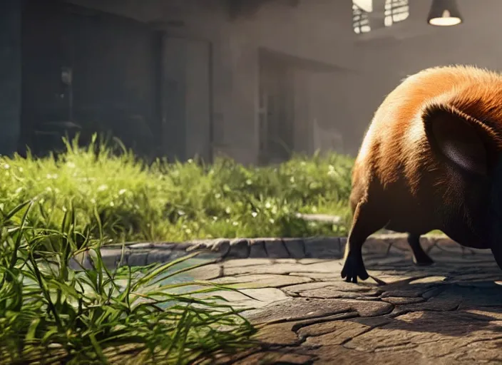 Image similar to venom fused with a capybara, ultra realistic 4 k unreal engine very cinematic render with ray tracing bloom ambient occlusion strong reflections depth of field fog