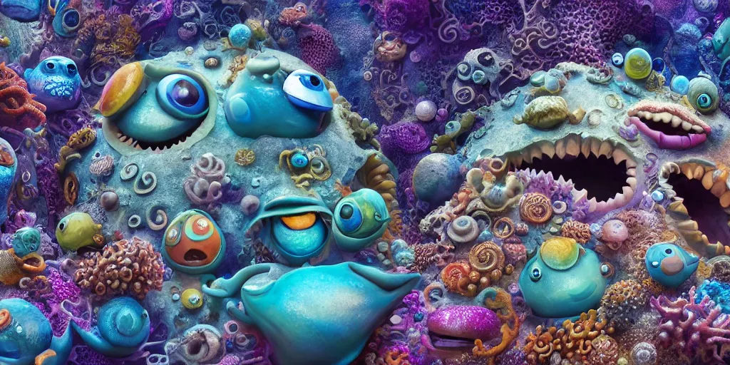 Image similar to of an intricate sea reef with strange cute friendly happy creatures with huge eyes, mouth, long tongue, round teeth and goofy face, appearing from the background, in the style of gehry and gaudi, macro lens, shallow depth of field, ultra detailed, digital painting, trending artstation, concept art, illustration, cinematic lighting, photorealism, epic, octane render