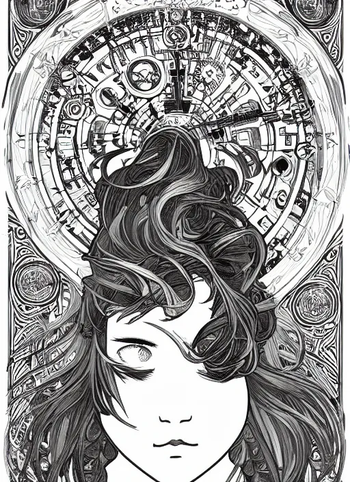 Image similar to photographer looking through camera, design on white background, gnarly details, gold, drawn by studio ghibli, alphonso mucha, lolish, trending on artstation