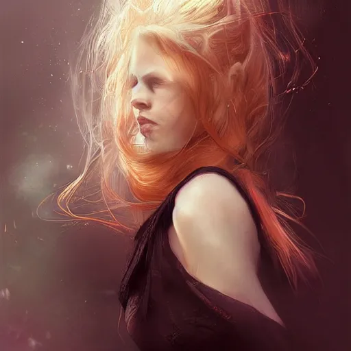 Image similar to portrait of woman with strawberry blond hair by bastien lecouffe - deharme and charles bowater, bangs, ponytail, black tank top