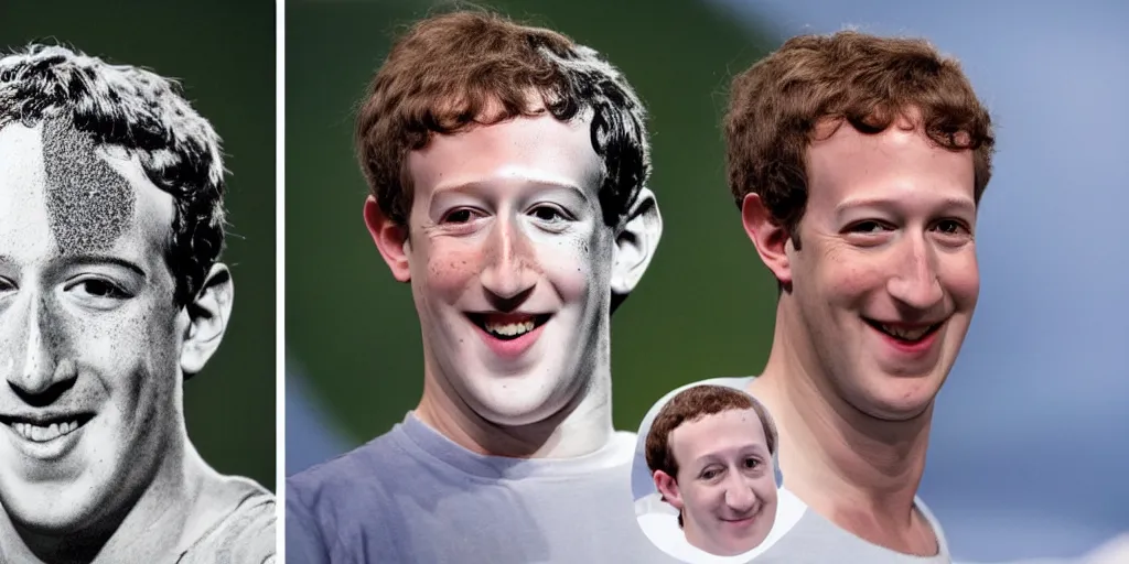 Image similar to the white painted face of Marc Zuckerberg with a very very very very very very large Beatles hair bowl cut standing on a surfboard