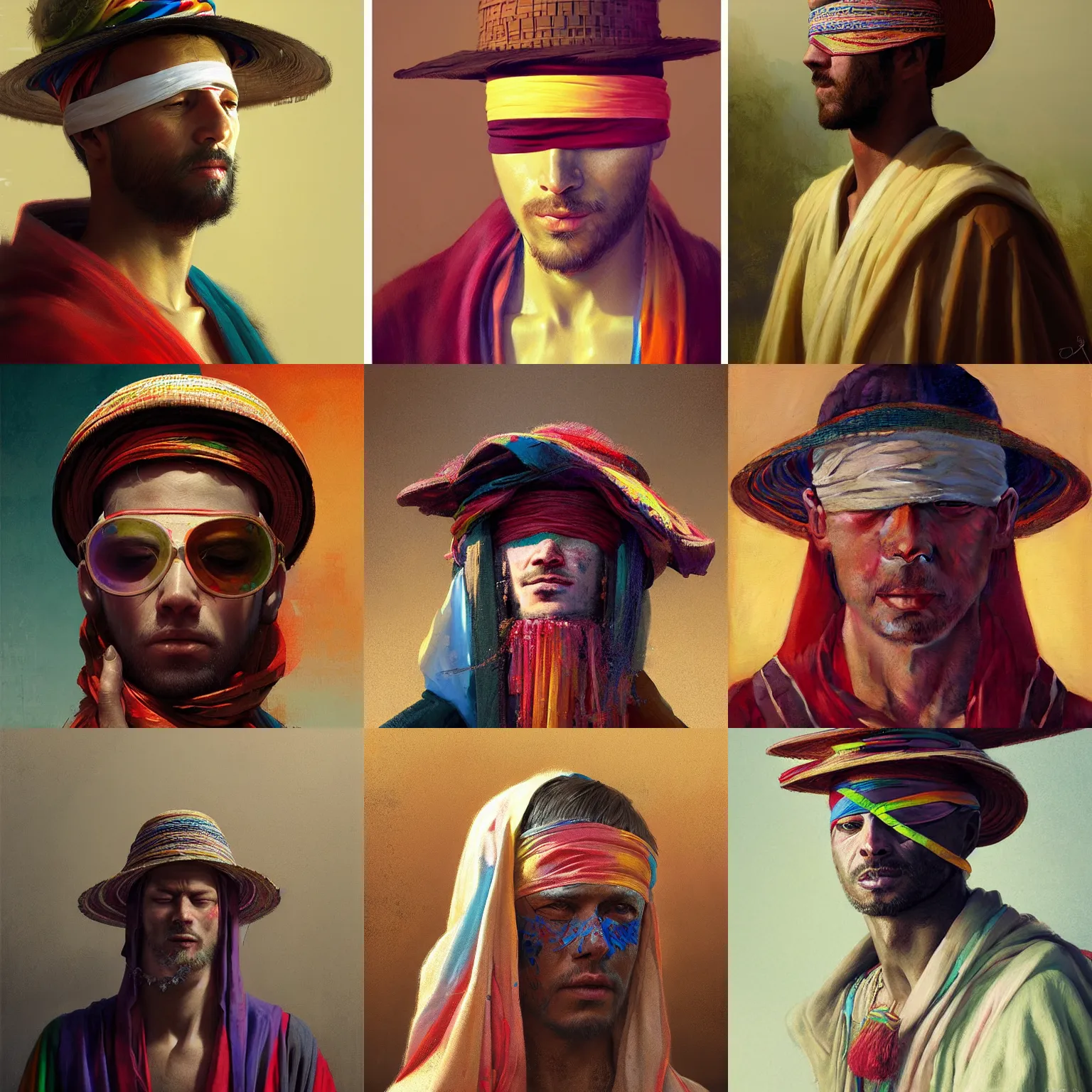 Image similar to portrait of a blindfolded man in multicolored robes, a large straw hat, detailed face, highly detailed, cinematic lighting, digital art painting by greg rutkowski