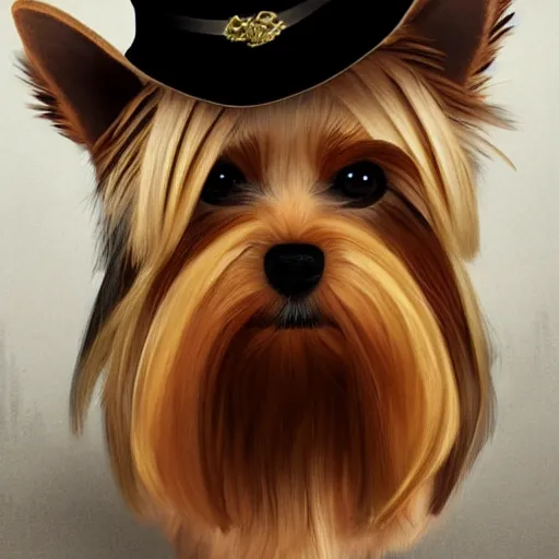 Prompt: portrait of a cute yorkshire terrier detective wearing a fedora, a royal family in the forest, hyperrealistic, extremely detailed, award-winning art, trending on Artstation