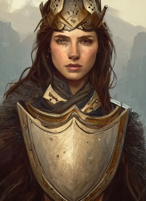 Image similar to portrait of a rugged female as a bruised knight with a shield and armor, fantasy, intricate, headshot, highly detailed, digital painting, artstation, concept art, sharp focus, cinematic lighting, illustration, art by artgerm and greg rutkowski, alphonse mucha, cgsociety