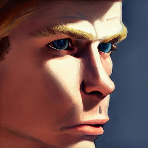 Prompt: a close up realistic portrait of a blonde man with chiseled jawline, edward hopper, trending on artstation