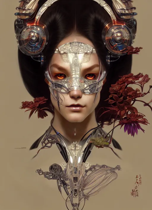 Image similar to organic cyborg, geisha, diffuse lighting, fantasy, intricate, elegant, highly detailed, lifelike, photorealistic, digital painting, artstation, illustration, concept art, smooth, sharp focus, art by John Collier and Albert Aublet and Krenz Cushart and Artem Demura and Alphonse Mucha