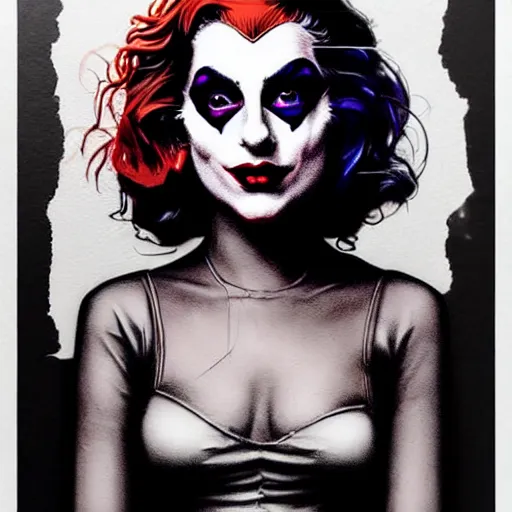 Image similar to artgerm and mimmo rottela and banksy as joaquin phoenix skinny joker holding hand lady gaga harley queen, ultra photorealistic, intricate details, pop art style, baroque, hyperdetailed, concept art, ultrarealistic, 3 colors, smooth, sharp focus