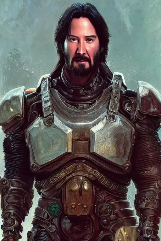 Image similar to ultra realistic illustration,, a hulking herculean keanu reeves with leather armour, from doom and warhammer, intricate, elegant, highly detailed, digital painting, artstation, concept art, smooth, sharp focus, illustration, art by artgerm and greg rutkowski and alphonse mucha