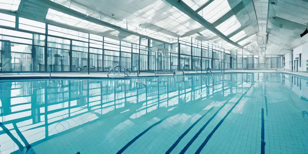 Prompt: indoor pool architecture, wide open space, long corridors, light and shadows, sterile, photography, tech submerged in water