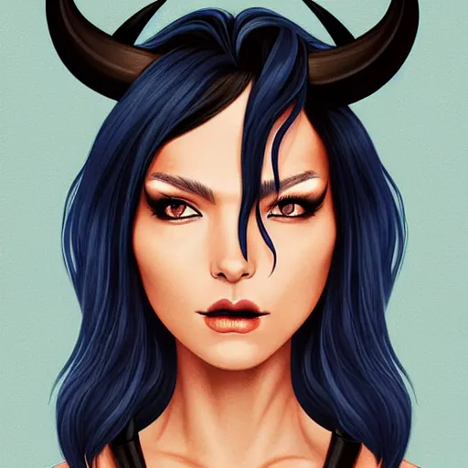 Image similar to illustrated realistic portrait of swept-back prong-horned devil woman with blue bob hairstyle and her tan colored skin and with solid black eyes wearing leather by rossdraws