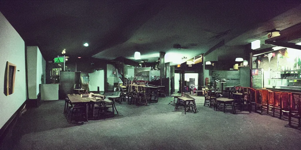 Prompt: a weird modern confined place, house, playground, office, pool, bar, pub, room, hall way with eerie feeling, disposable colored film camera, camera flash, unusual place, unsettling, kids place, night scene