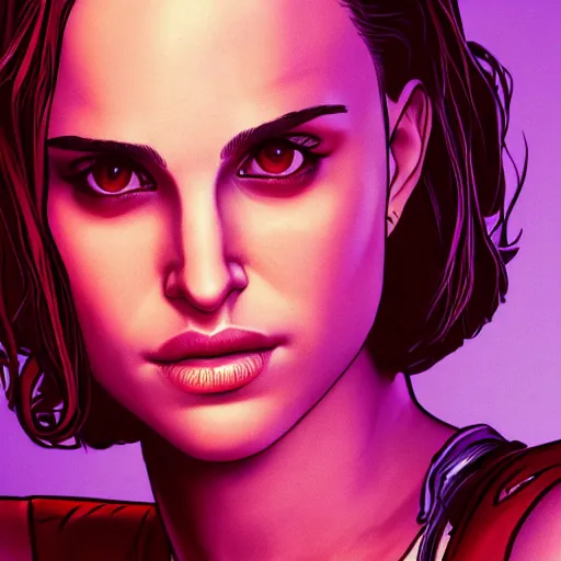 Image similar to young natalie portman portrait, borderlands, tales from the borderlands, the wolf among us, comic, cinematic lighting, studio quality, 8 k