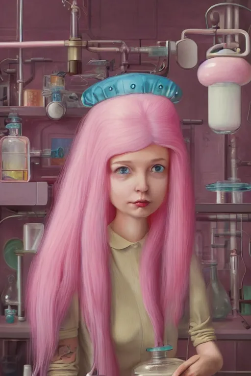 Image similar to highly detailed, industrial profile portrait of adult princess bubblegum from adventure time, experimenting in her science lab, wearing lab coat, long bubblegum hair, long straight bangs, confident, beautiful, attractive, illustration concept art by nicoletta ceccoli, mark ryden, lostfish, detailed and intricate environment, 8 k resolution, hyperrealistic, octane render